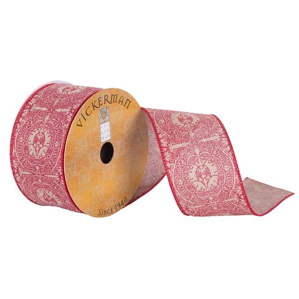 2.5" x 10yd Natural with Red Batik Print Ribbon