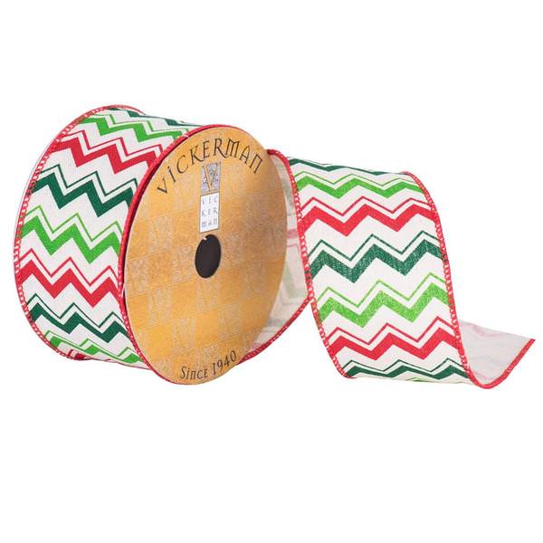 2.5" x 10yd Ivory/Red/Green Chevron Pattern Ribbon