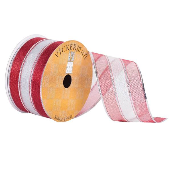 2.5" x 10yd Silver/Red Sheer Stripe Wired Edge Ribbon