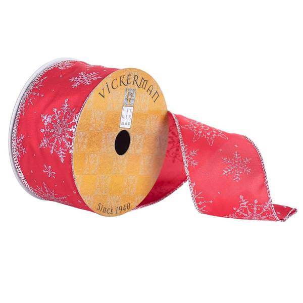 2.5" x 10yd Red/Silver Satin Snowflake Ribbon