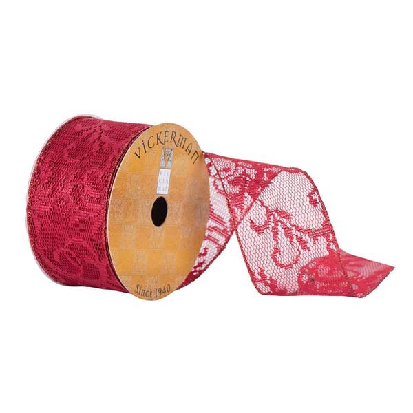 2.5" x 10yd Red Shiny Lace Ribbon