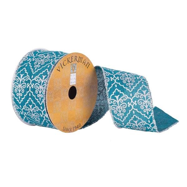 2.5" x 10yd Teal Silver Glitter Pattern Ribbon