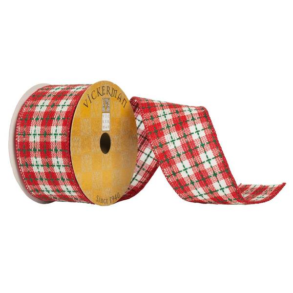 2.5" x 10yd Red / White Green Stitch Plaid Ribbon