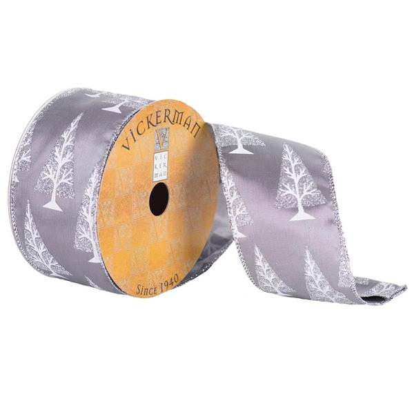 2.5" x 10yd Grey Silver Glitter Tree Pattern Ribbon