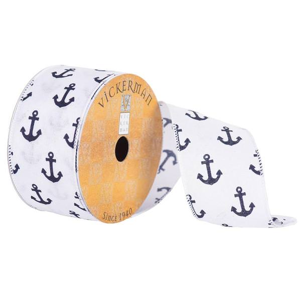 2.5" x 10yd White/Navy Blue Anchors Ribbon
