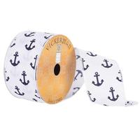 Vickerman 2.5" x 10yd White/Navy Blue Anchors Ribbon