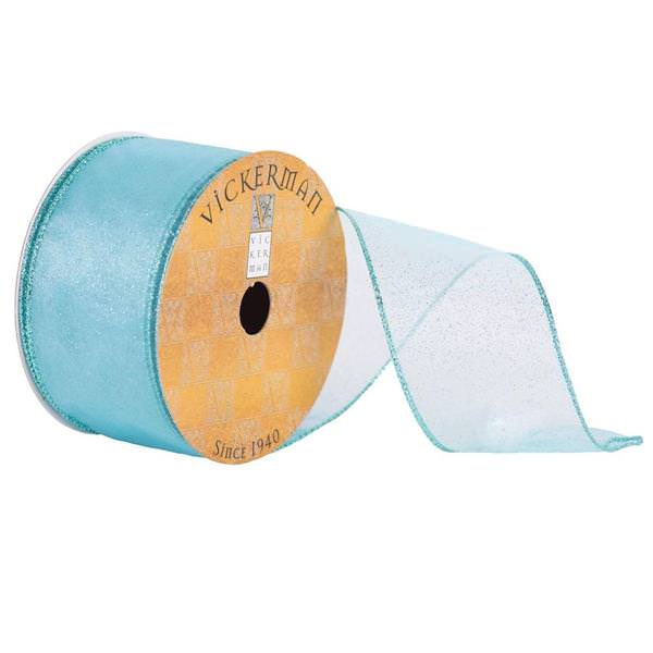 2.5" x 10yd Aqua Sheer Glitter Wired Edge Ribbon