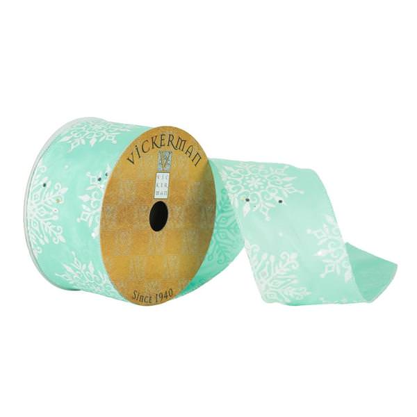 2.5" x 10yd Aqua with White Glitter Snowflake Ribbon