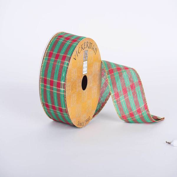 2.5" x 10yd Red/Green/Gold Plaid Wired Edge Ribbon