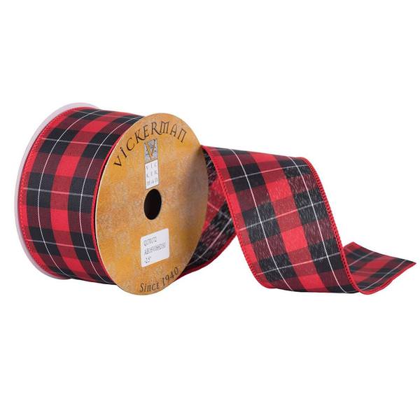 2.5" x 10yd Red/White/Black Plaid Wired Edge Ribbon