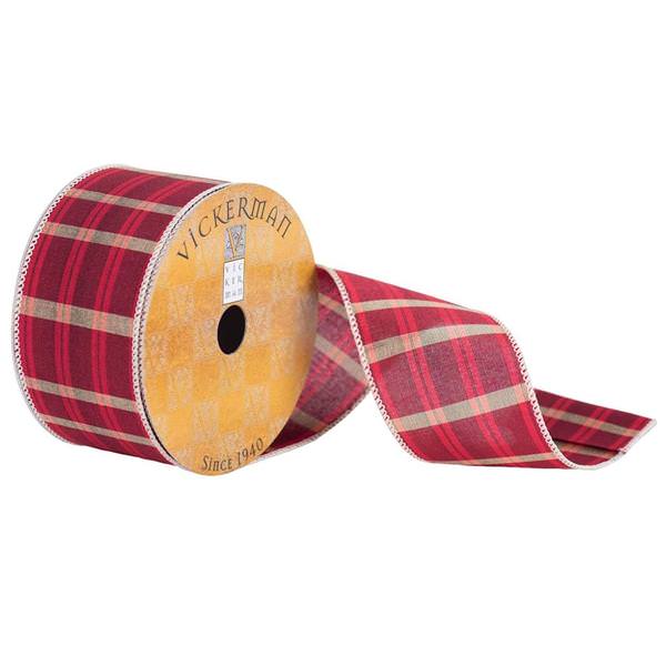 2.5" x 10yd Ivory/Red/Gold Plaid Ribbon