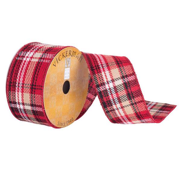 2.5" x 10yd Red/Black/Tan Woven Plaid Ribbon