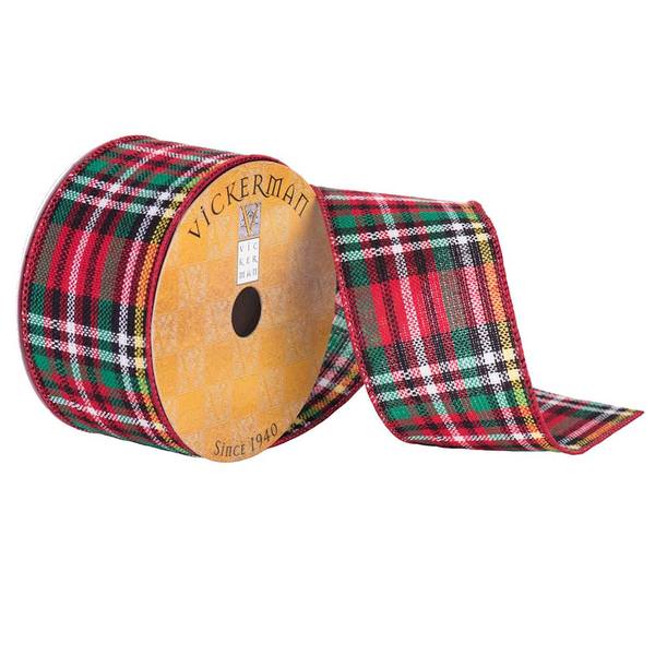 2.5" x 10yd Red/White/Black/Green Plaid Ribbon