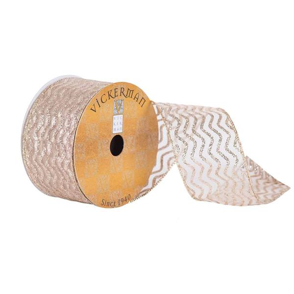 2.5" x 10yd Champagne Sheer Glitter Chevron Ribbon