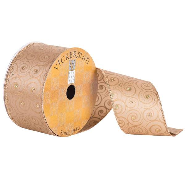 2.5" x 10yd Gold Satin Glitter Swirl Ribbon