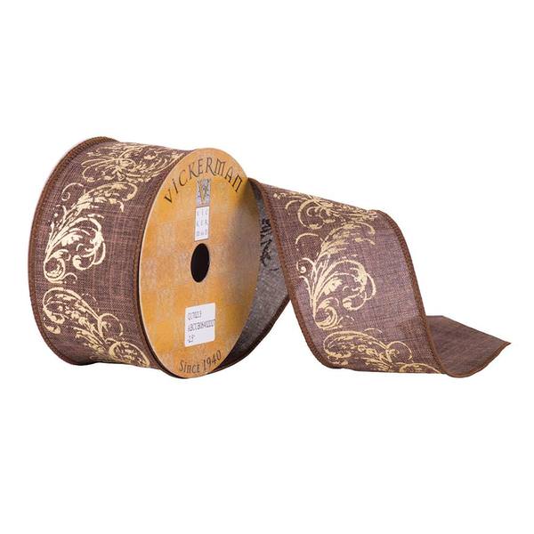 2.5" x 10yd Brown with Gold Print Ribbon