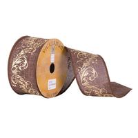 Vickerman 2.5" x 10yd Brown with Gold Print Ribbon