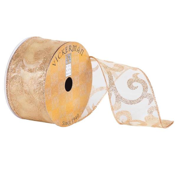 2.5" x 10yd Gold Sheer Glitter Swirl Ribbon