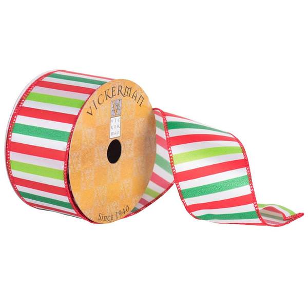 2.5" x 10yd Red/Green/White Stripe Satin Ribbon