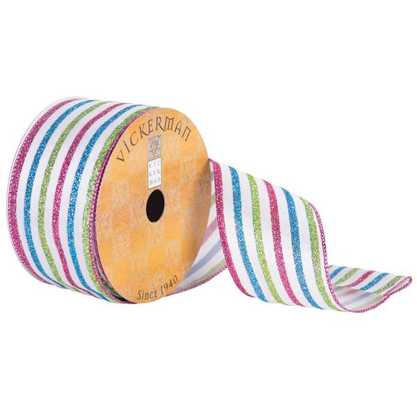 2.5" x 10yd White/Pink/Lime/Blue Glitter Stripes Ribbon