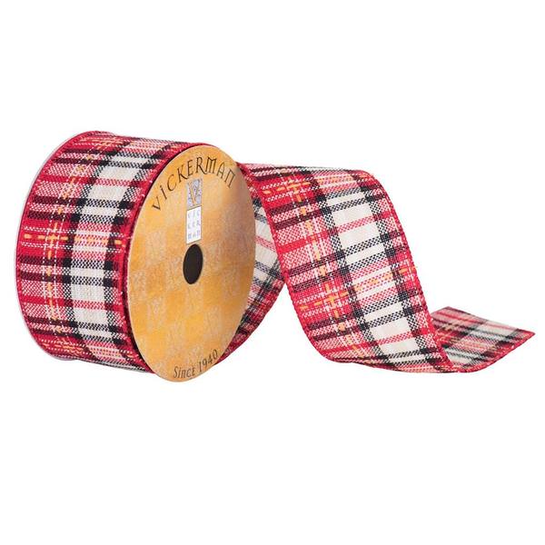 2.5" x 10yd Red/Ivory/Tan Plaid Ribbon