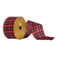 Vickerman 2.5" x 10yd Black / Red White Stitch Plaid Ribbon