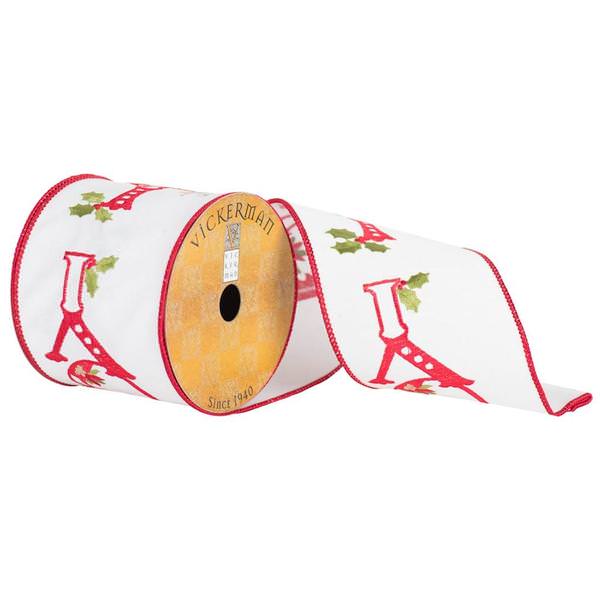 4" x 10yd Red/White/Green Embroidered Ribbon
