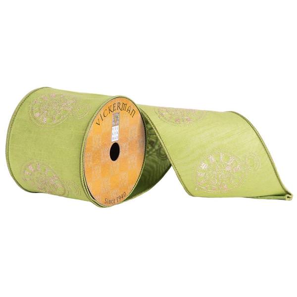 4" x 10yd Green/Gold Embroidered Ribbon