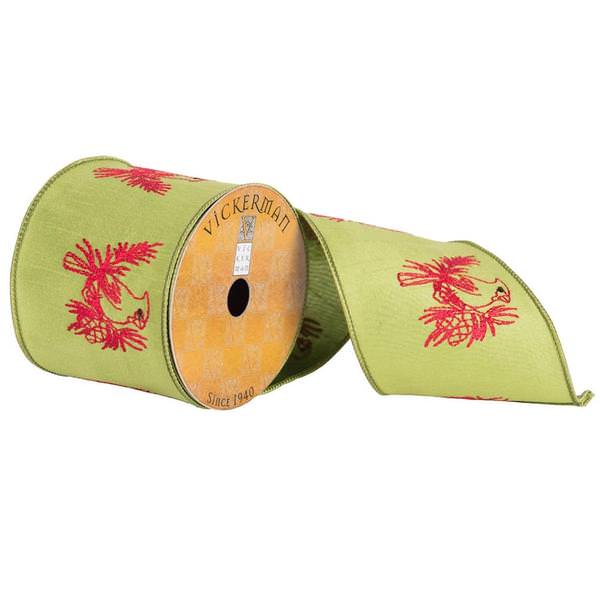4" x 10yd Red/Green Embroidered Cardinal Ribbon