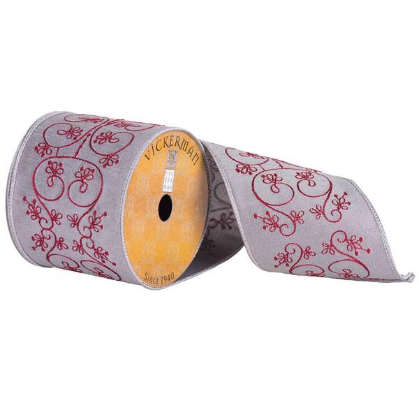 4" x 10yd Silver/Red Embroidered Flower Scroll Ribbon