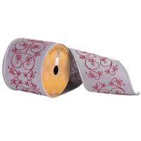 Vickerman 4" x 10yd Silver/Red Embroidered Flower Scroll Ribbon
