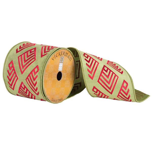 4" x 10yd Green/Red Embroidered Ribbon