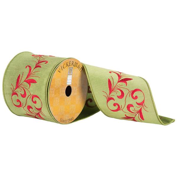 4" x 10yd Red/Green Embroidered Vine Ribbon