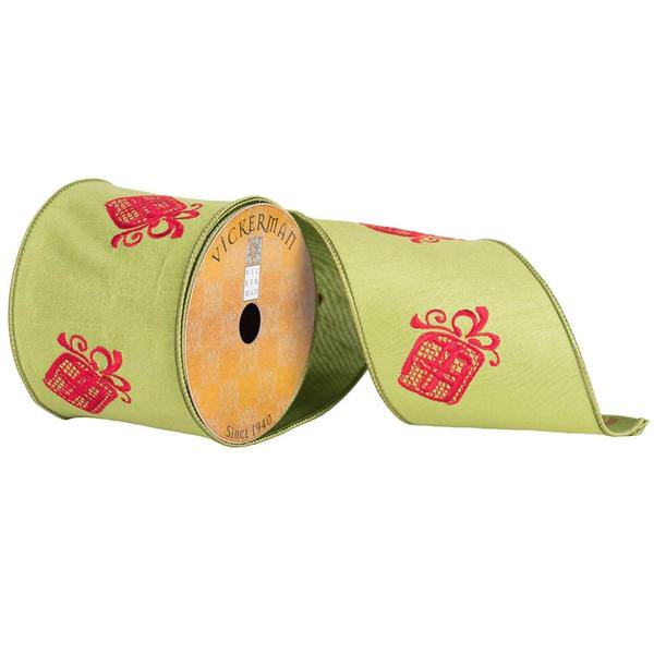4" x 10yd Green/Red Embroidered Present Ribbon
