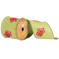 Vickerman 4" x 10yd Green/Red Embroidered Present Ribbon
