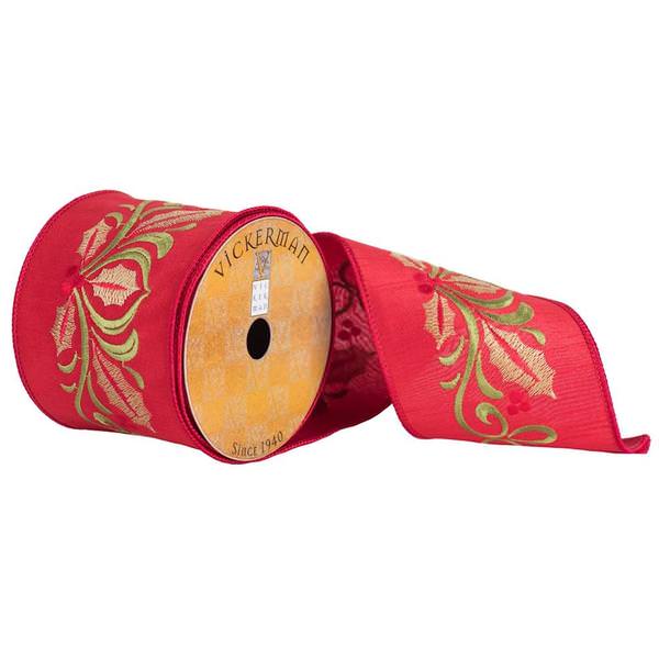 4" x 10yd Green/Red Embroidered Ribbon