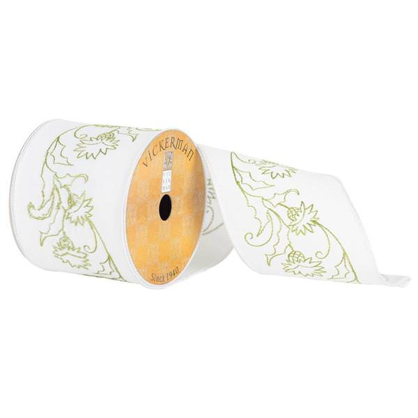 4" x 10yd Green/White Embroidered Flower Ribbon