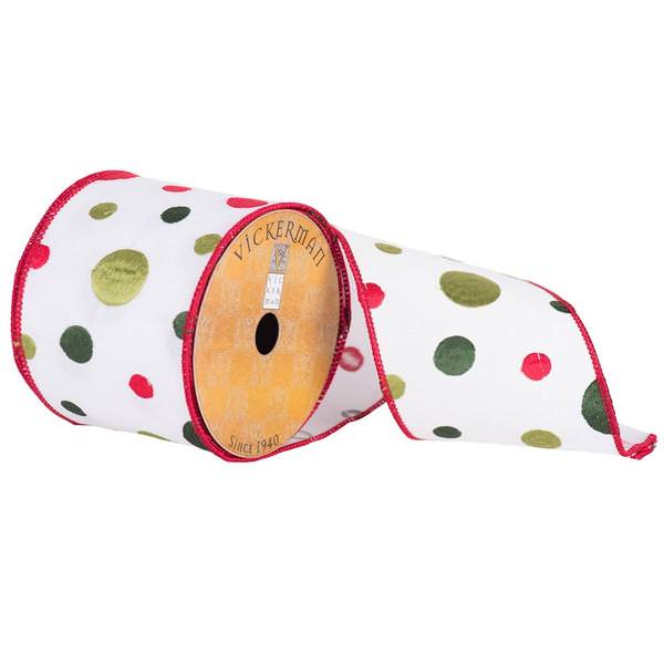 4" x 10yd Green/Red/White Embroidered Dots Ribbon