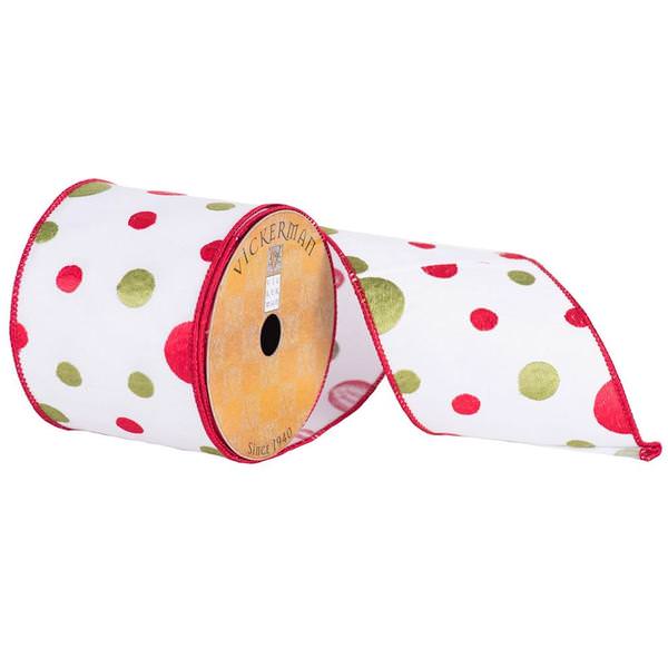 4" x 10yd Green/Red/White Embroidered Dots Ribbon