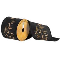 Vickerman 4" x 10yd Black/Gold Embroidered Vine Ribbon