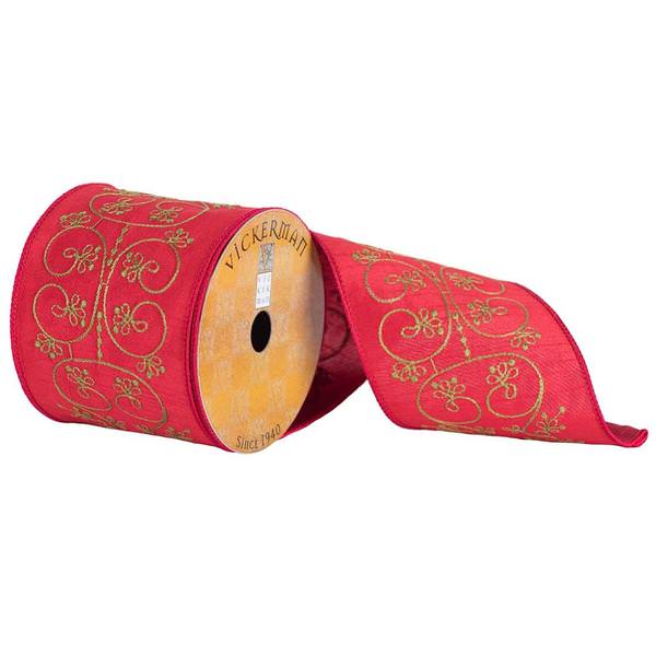 4" x 10yd Green/Red Embroidered Flower Scroll Ribbon