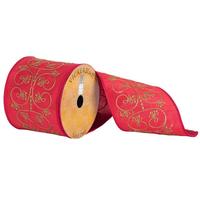 Vickerman 4" x 10yd Green/Red Embroidered Flower Scroll Ribbon