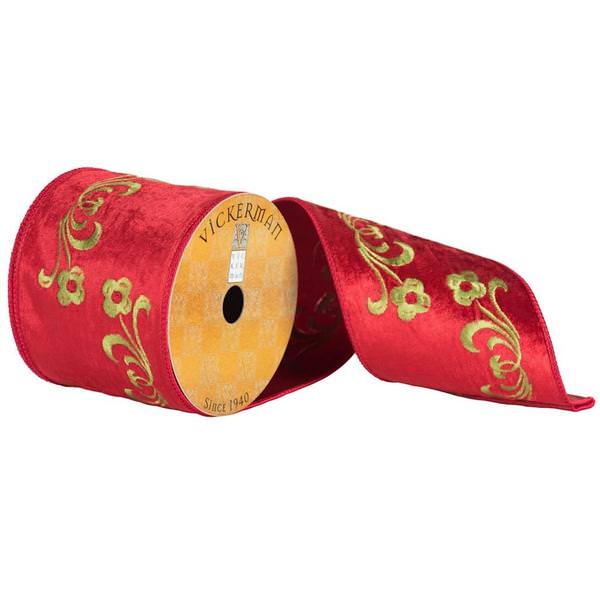 4" x 10yd Red/Green Velvet Embroidered Ribbon