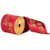 Vickerman 4" x 10yd Red/Green Velvet Embroidered Ribbon