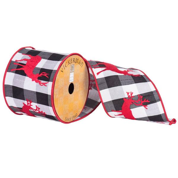 4" x 10yd Black/White/Red Embroidered Ribbon