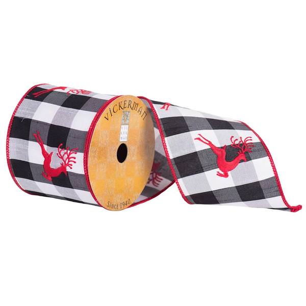 4" x 10yd Red/White/Black Plaid Embroidered Ribbon