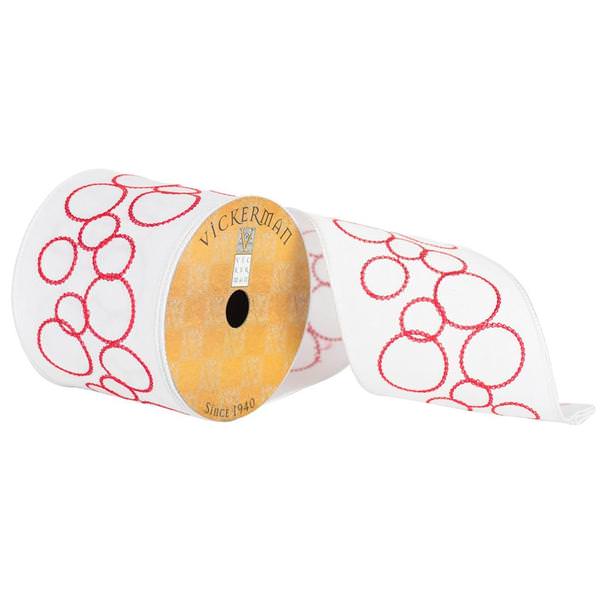 4" x 10yd White/Red Circle Pattern Ribbon