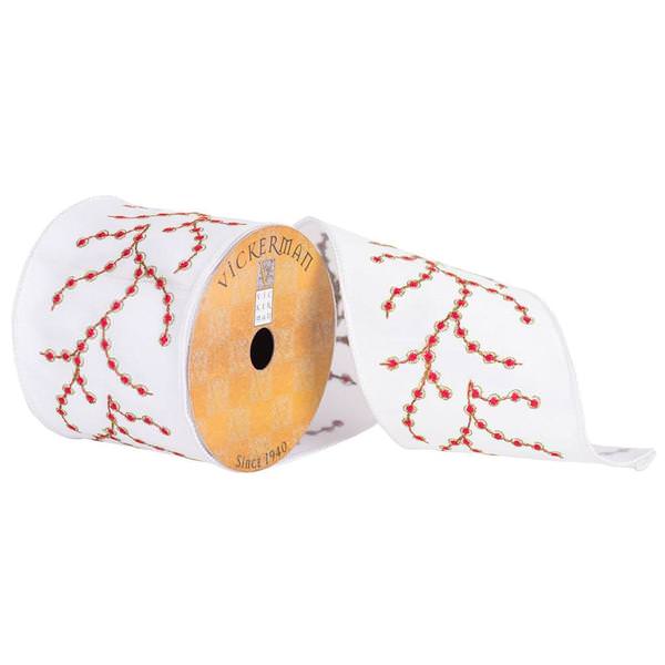 4" x 10yd Red/White Embroidered Berry Vine Ribbon