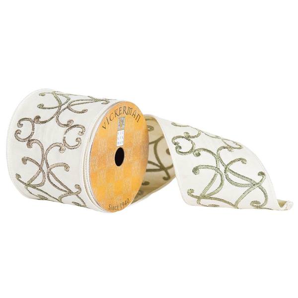 4" x 10yd White/Gold Embroidered Ribbon