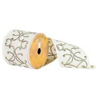 Vickerman 4" x 10yd White/Gold Embroidered Ribbon